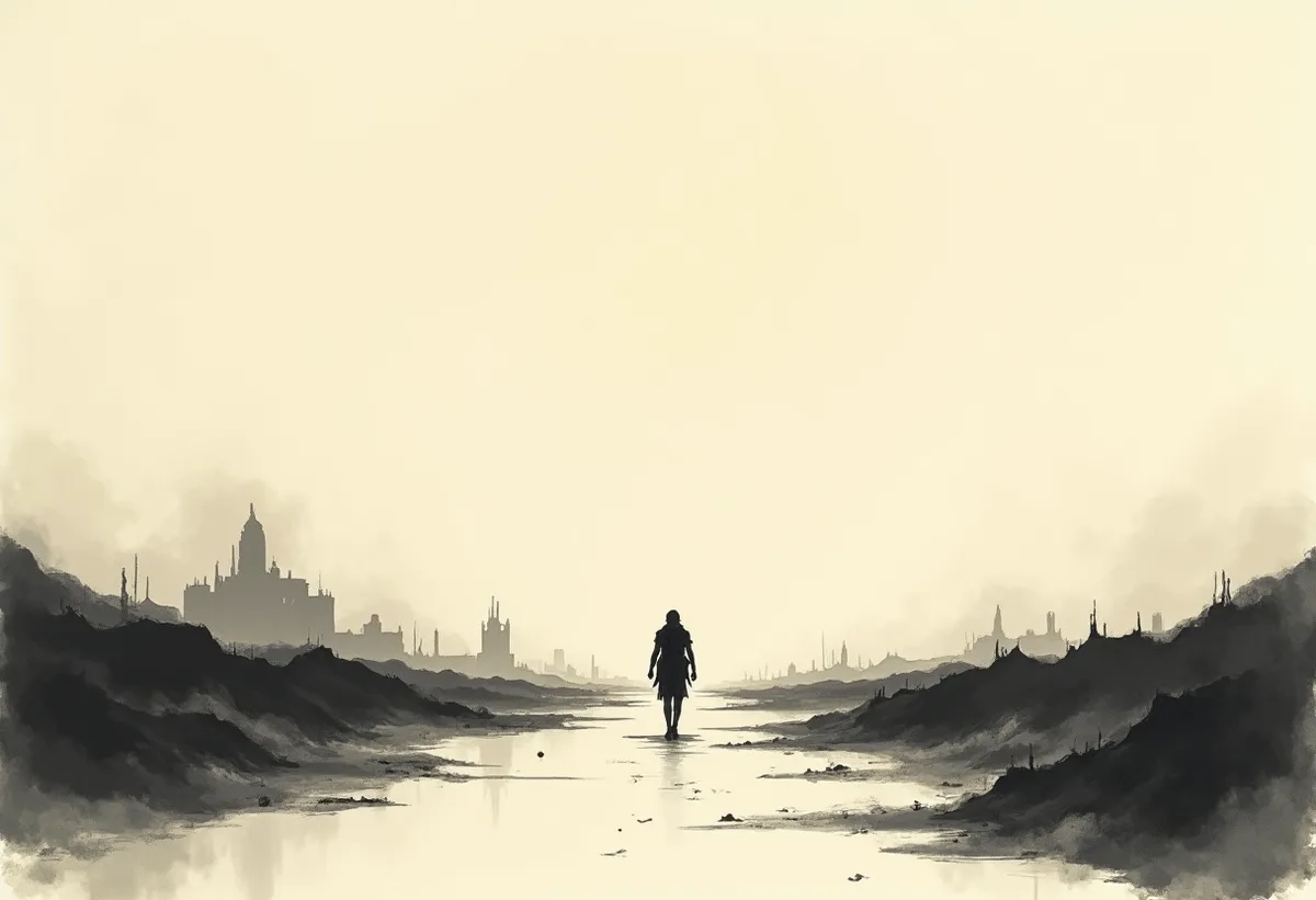 A lone wanderer crossing a desolate wasteland toward the horizon