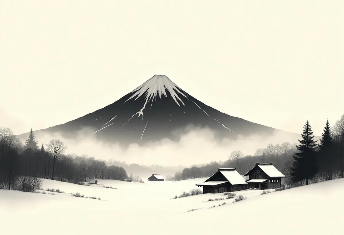Snowy Hokkaido ski-resort landscape with a conical snow-capped mountain and a small village